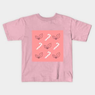 Candy canes and holly berries pink Kids T-Shirt